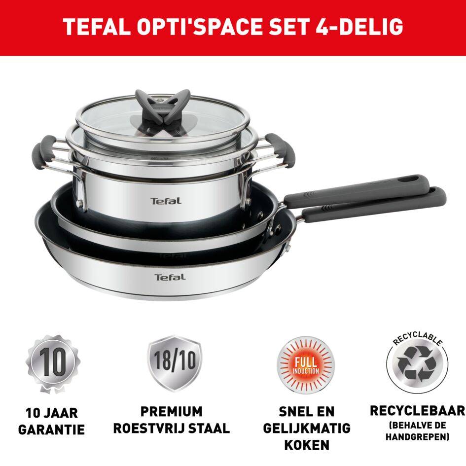 Opti'Space  4-delige pannenset (kookpan 18/20 cm, koekenpan 24/28 cm)
