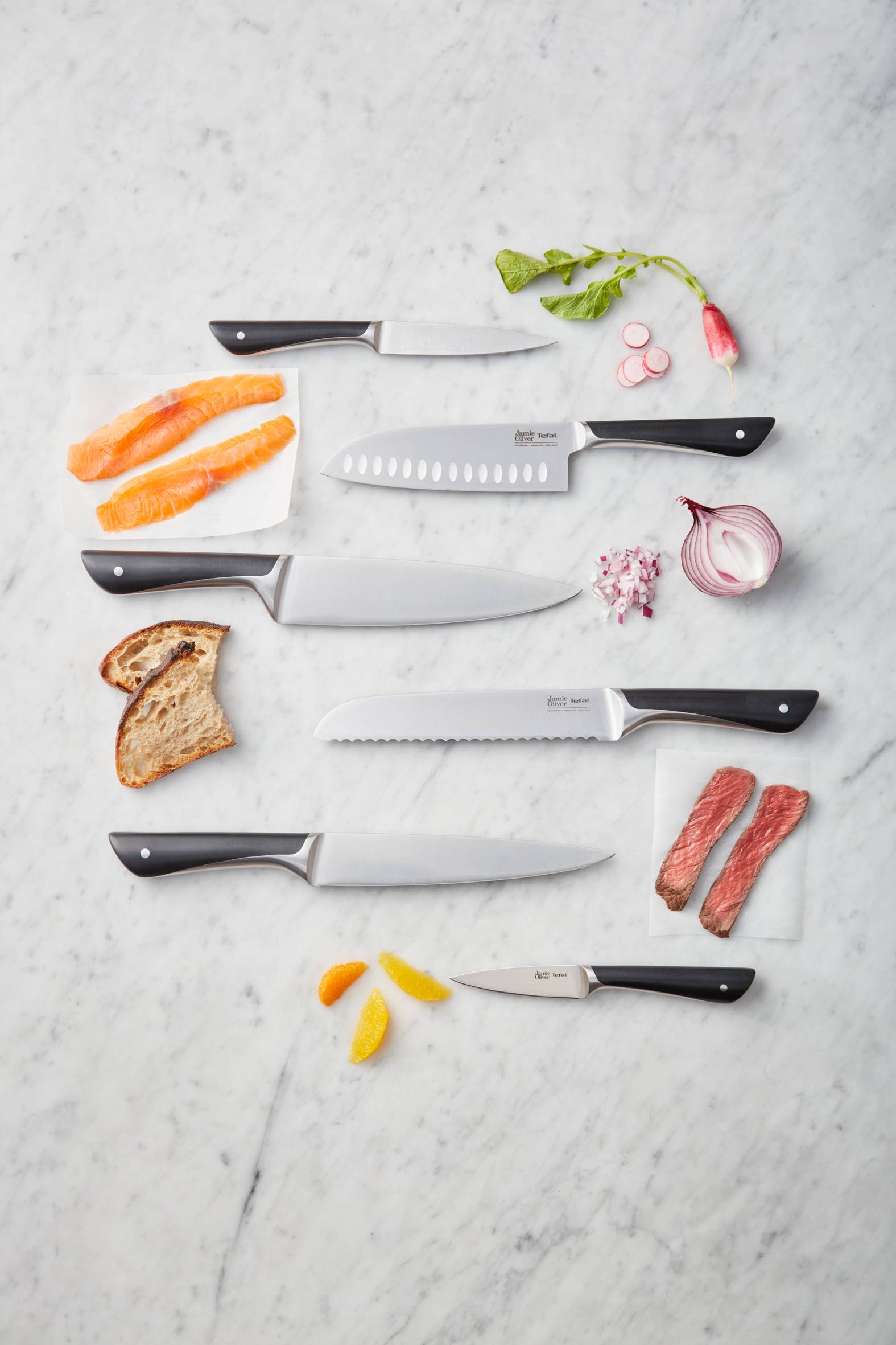 Jamie Oliver K267S456 keukenmessen set: Santokumes 16,5 cm, koksmes 15 cm, universeel mes 12 cm, schilmes 9 cm