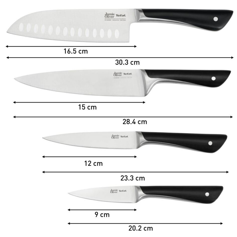 Jamie Oliver K267S456 keukenmessen set: Santokumes 16,5 cm, koksmes 15 cm, universeel mes 12 cm, schilmes 9 cm