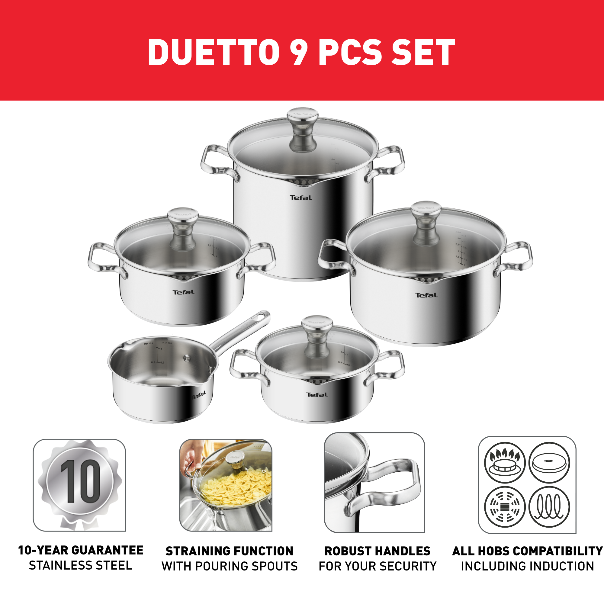 Duetto 5-delige kookset (steelpan 16 cm, kookpan 18/20/24 cm, pastapan 22 cm) - inductie