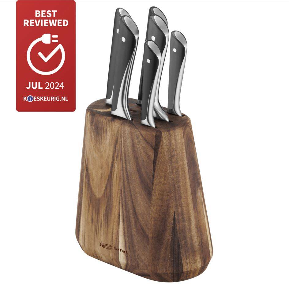 Jamie Oliver K267S656 6 keukenmessen + messenblok: Koksmes 20 cm, Santokumes 16,5 cm, Vleesmes 20 cm, Broodmes 20 cm, Universeel mes 12 cm, Schilmes 9 cm