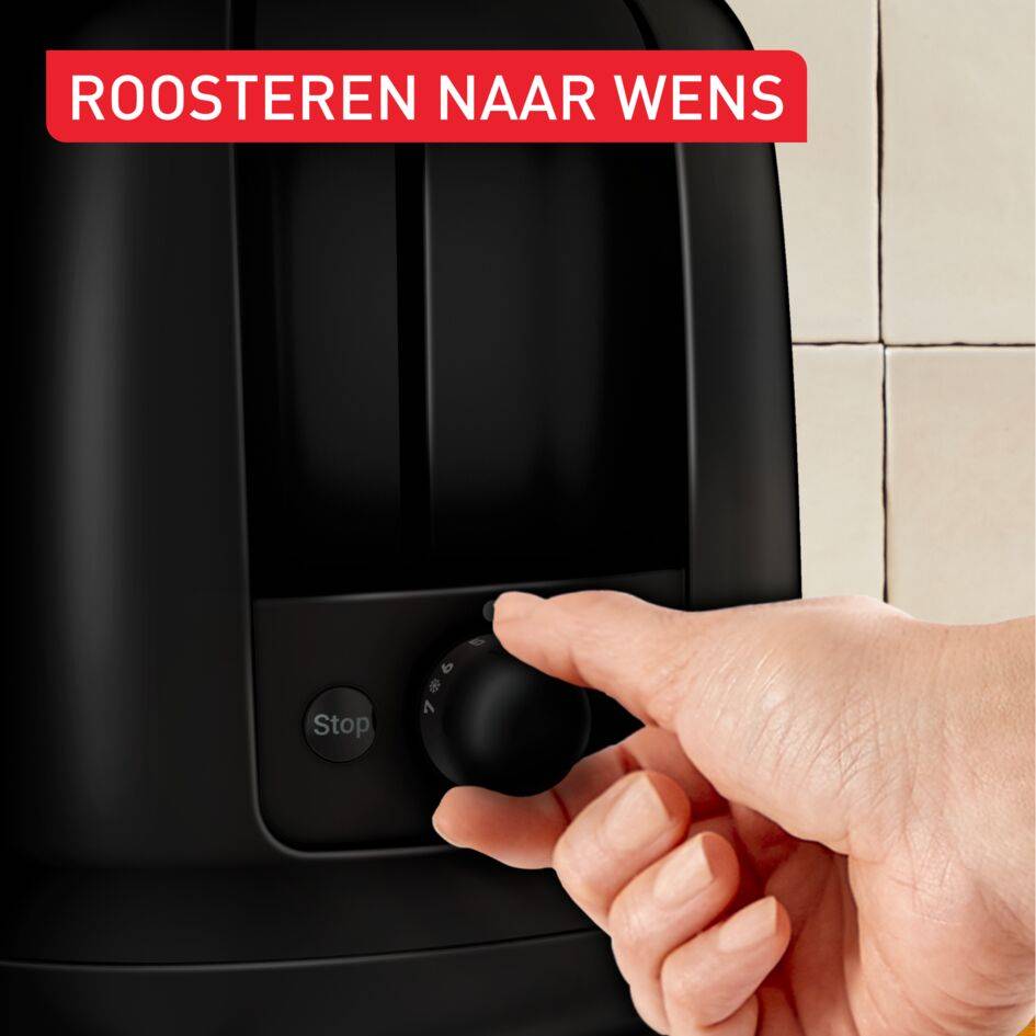 Essential broodrooster met twee sleuven, 7 bruiningsstanden, automatische stopfunctie, hendel om toast omhoog te halen, zwart