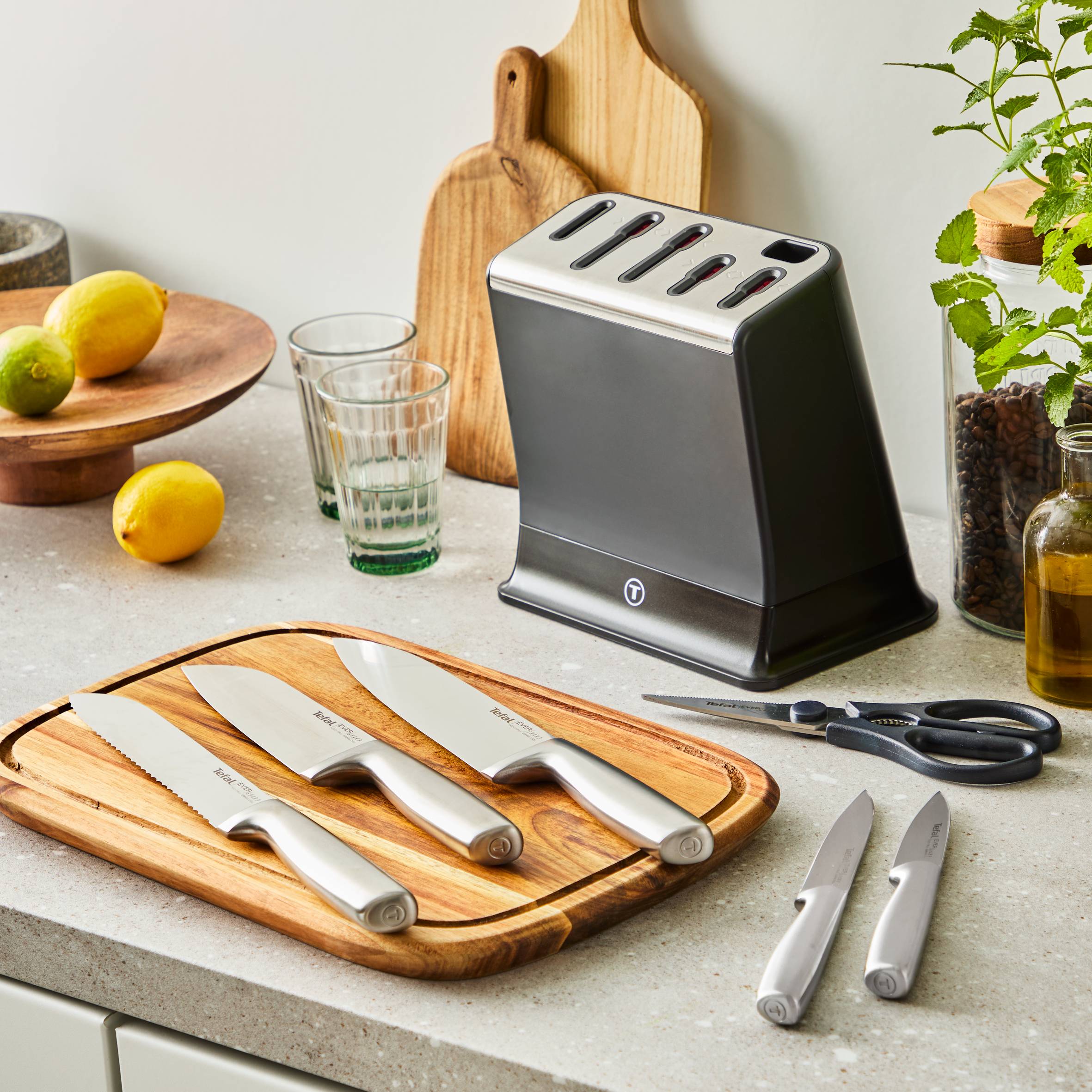 EverSharp K2977S44 roestvrijstalen 6-delige messenset en blok met geïntegreerde slijper