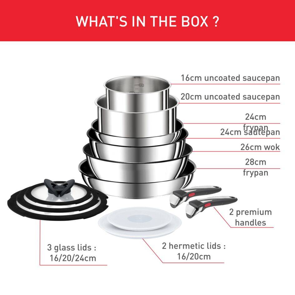 Ingenio Preference On 13-delige RVS set (koeken-, kookpannen, wok, deksels, handgrepen) - inductie