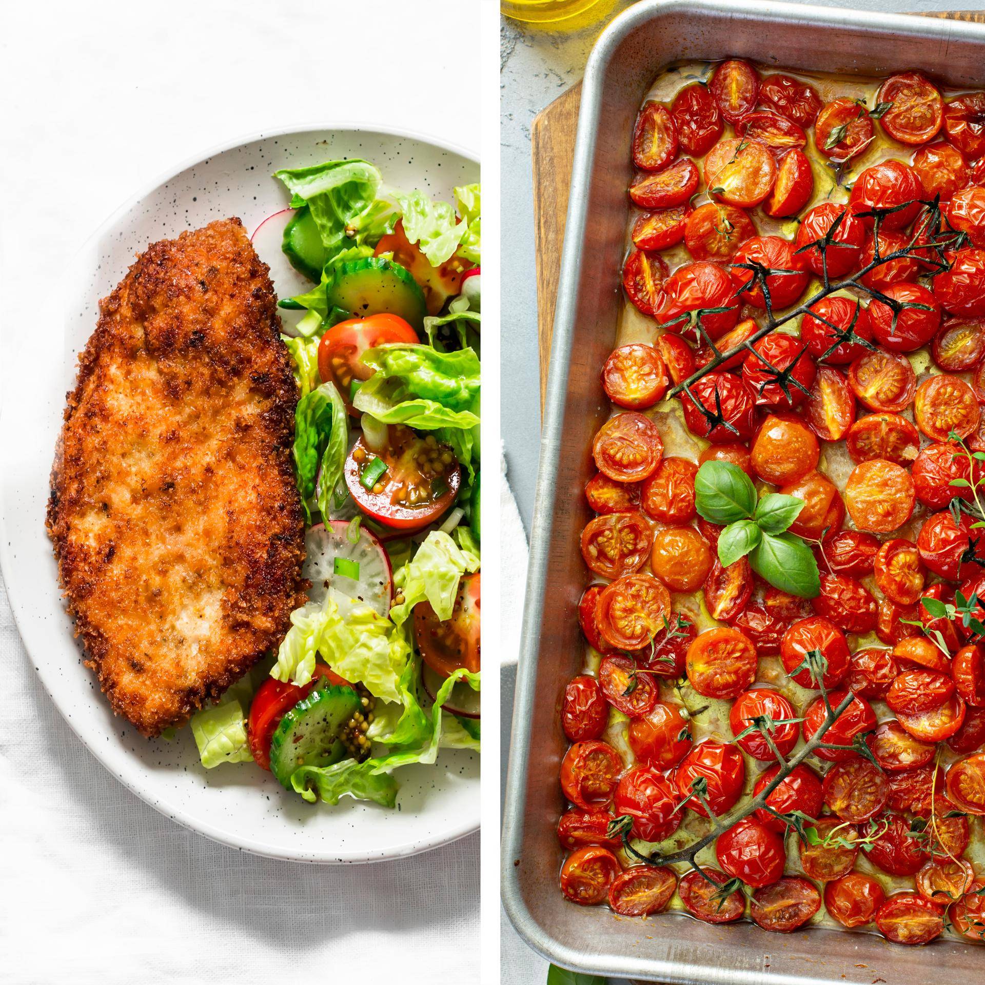 Milanese kip, mediterrane salade en geroosterde kerstomaatjes - Recepten Dual EasyFry&Grill | Tefal
