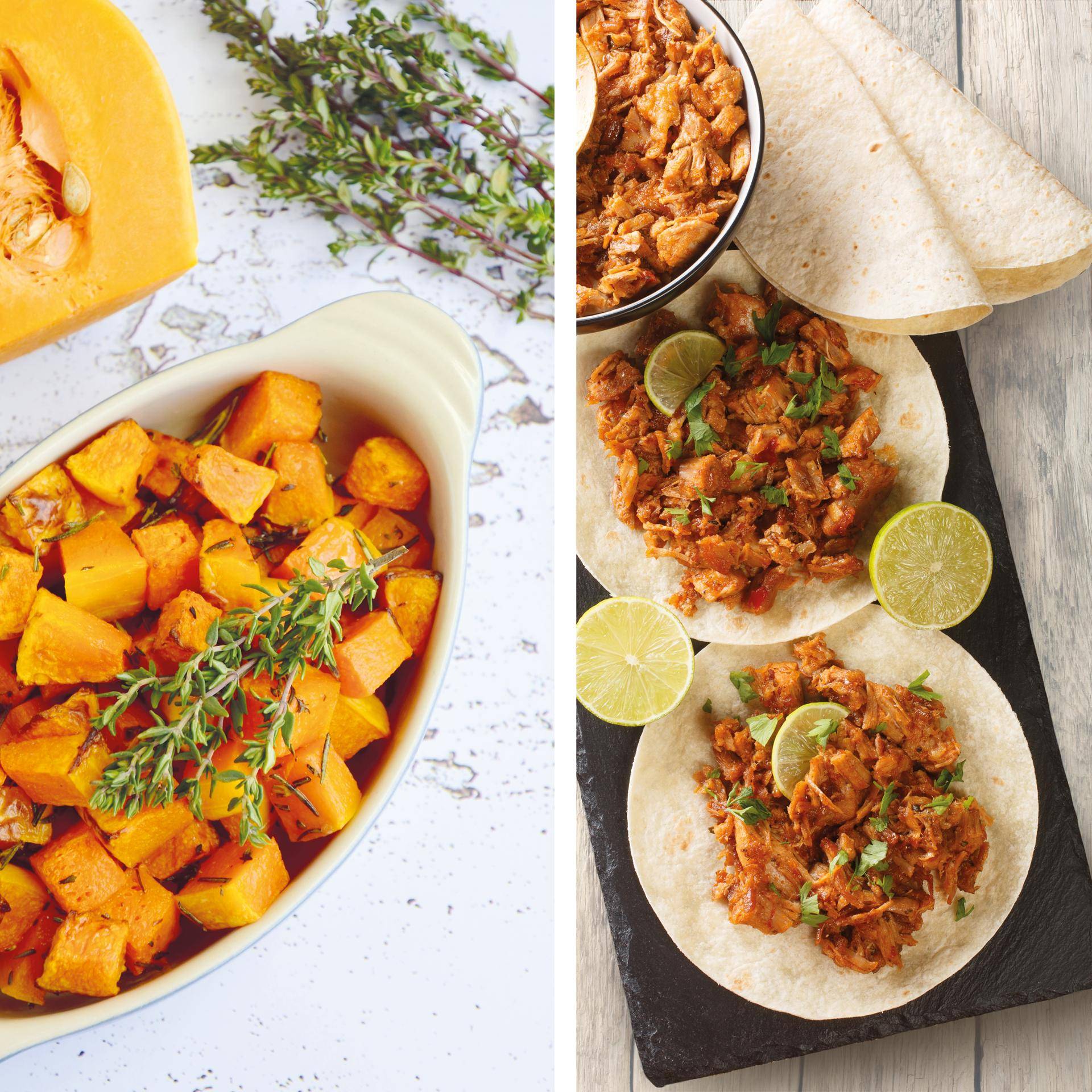 Pulled pork en in blokjes gesneden pompoen - Recepten Dual EasyFry&Grill | Tefal