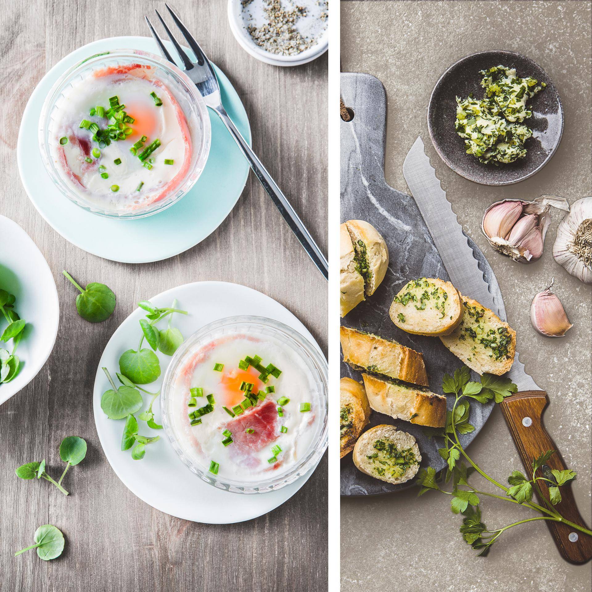 Eierschotel met pancetta en knoflookbrood - Recepten Dual EasyFry&Grill | Tefal