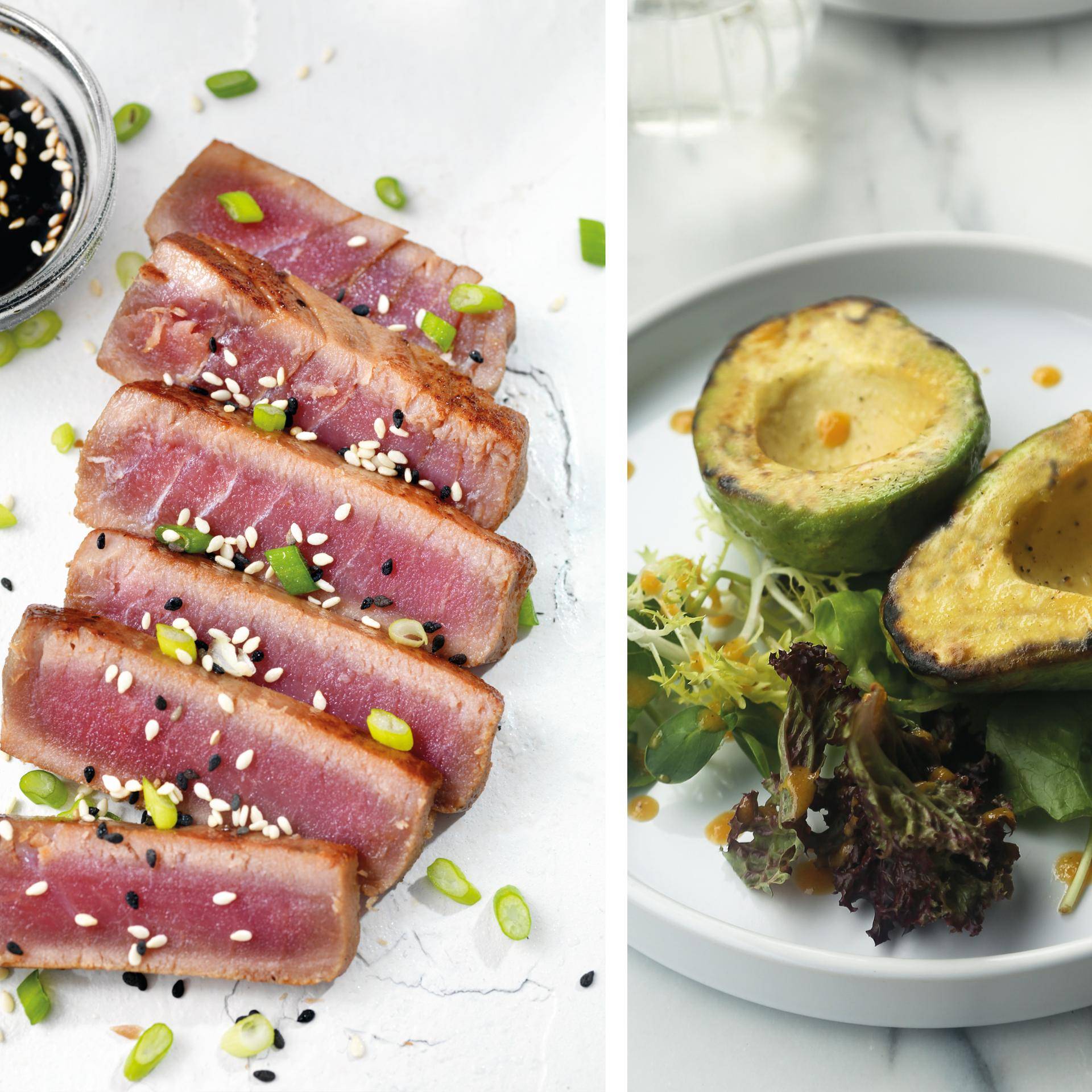 Gegrilde tonijn met sesamzaadjes en geroosterde avocado - Recepten Dual EasyFry&Grill | Tefal