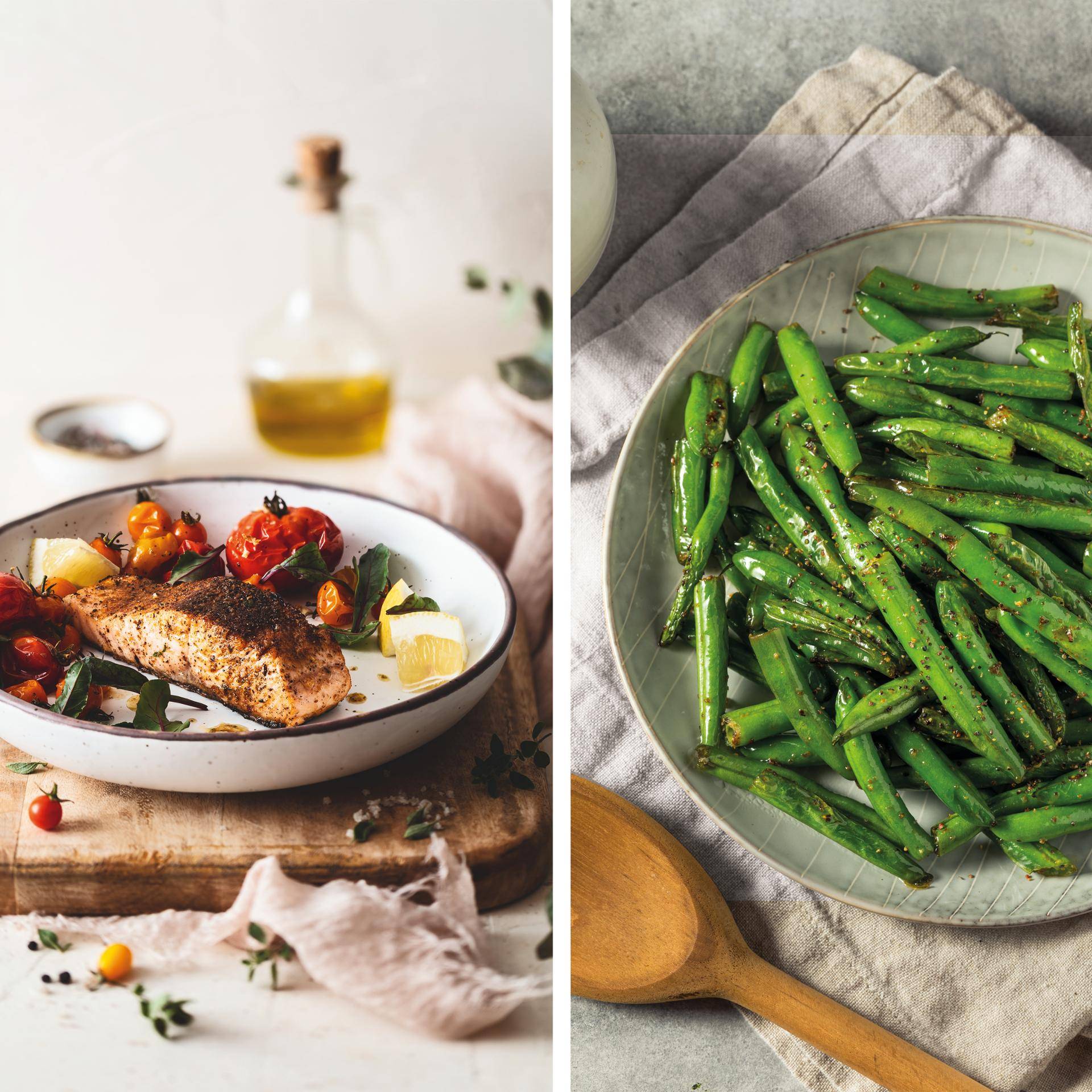 Zalm met cajunkruiden en sperziebonen met knoflook - Recepten Dual EasyFry&Grill | Tefal