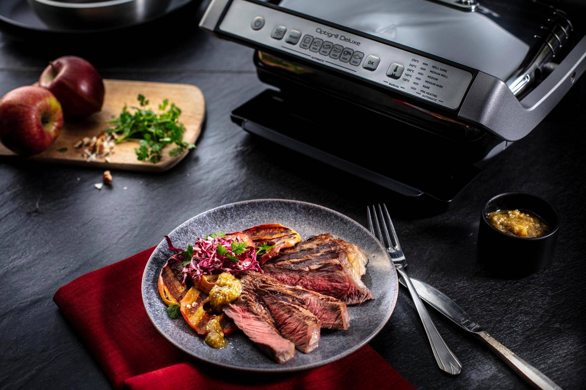 Rumpsteak met gegrilde appel en notenpesto - Recepten OptiGrill + | Tefal