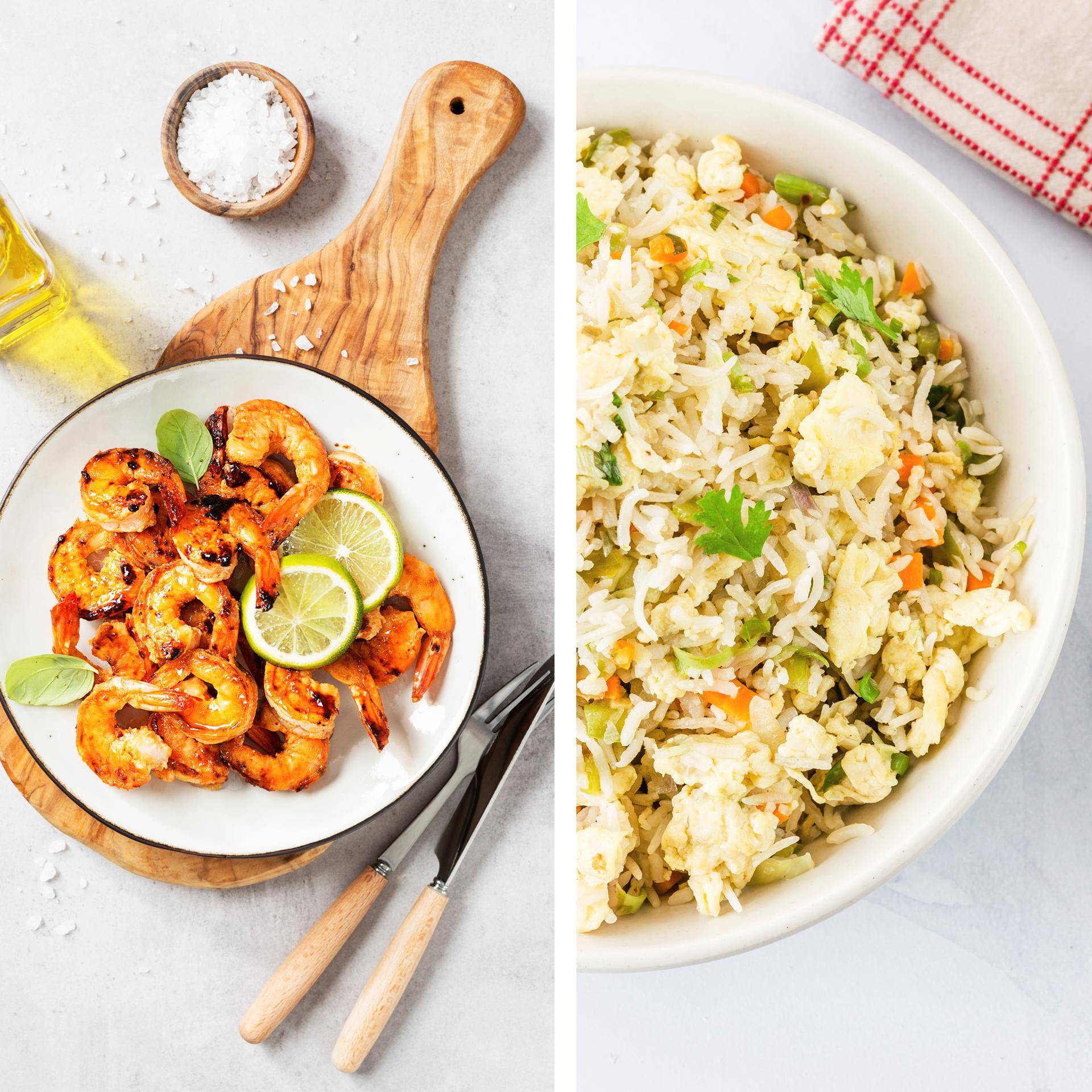 Garnalen met honing en srirachasaus met gebakken rijst - Recepten Dual EasyFry&Grill | Tefal