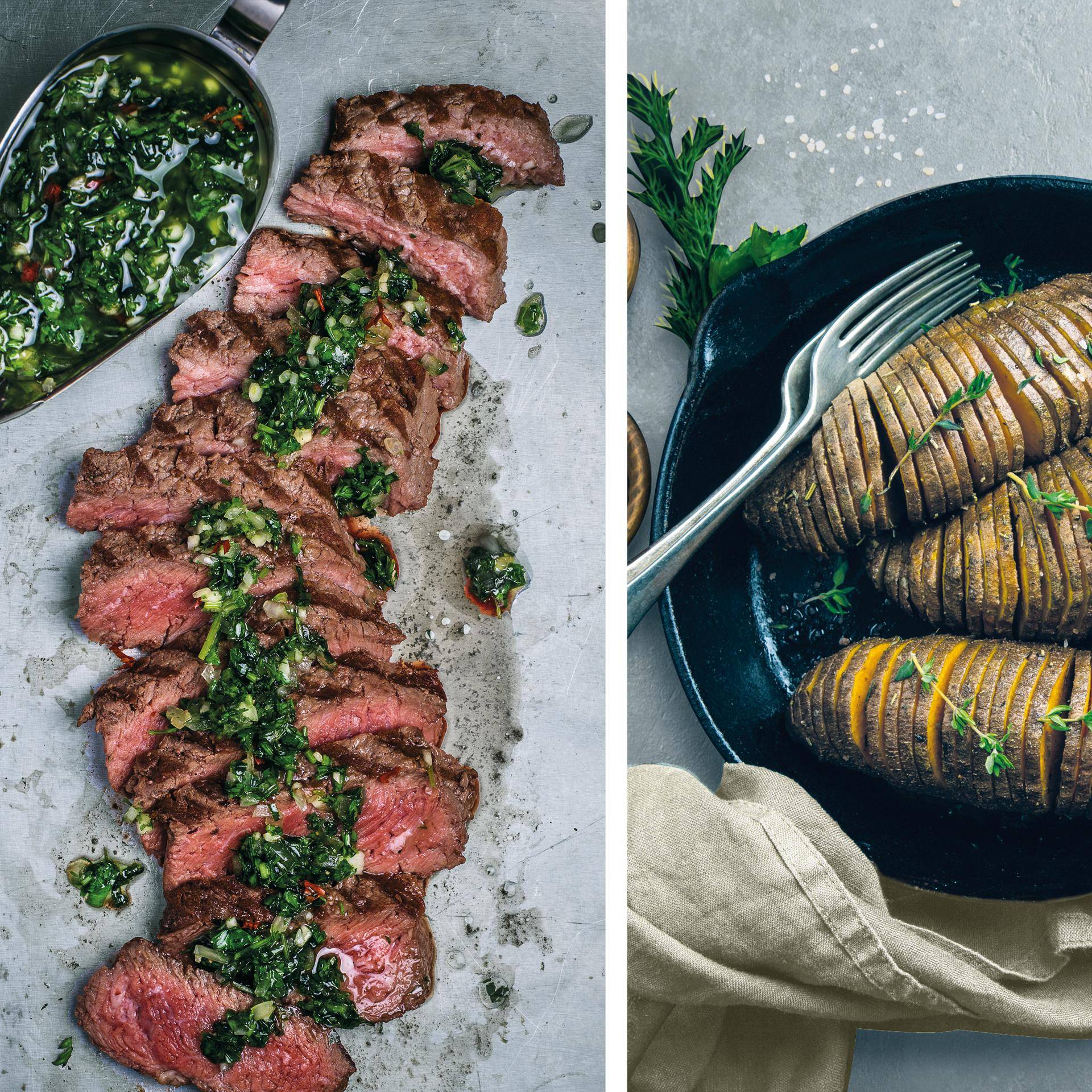 Steak met chimichurrisaus en zoete hasselbackaardappels - Recepten Dual EasyFry&Grill | Tefal