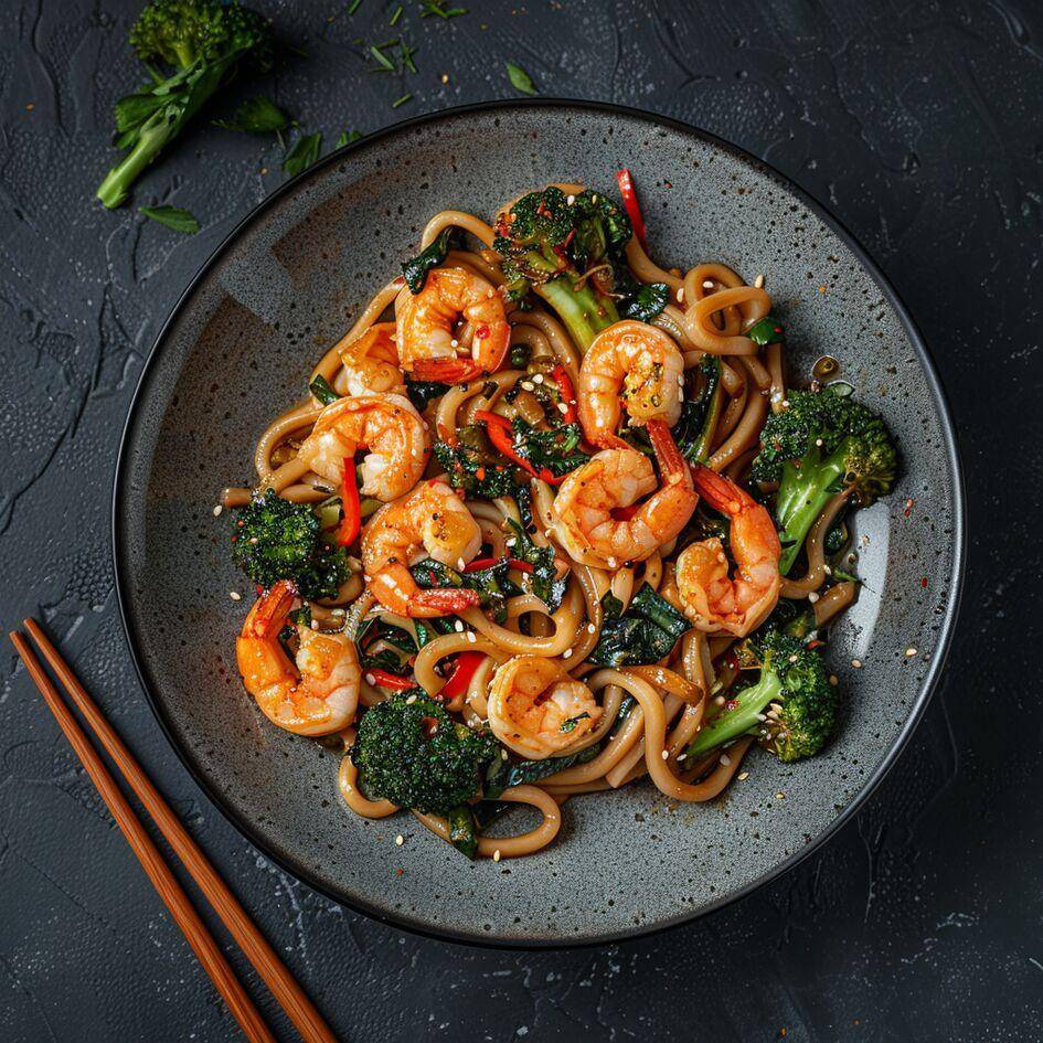 Gesmoorde udon-noedels met garnalen en broccoli - Recepten undefined | Tefal