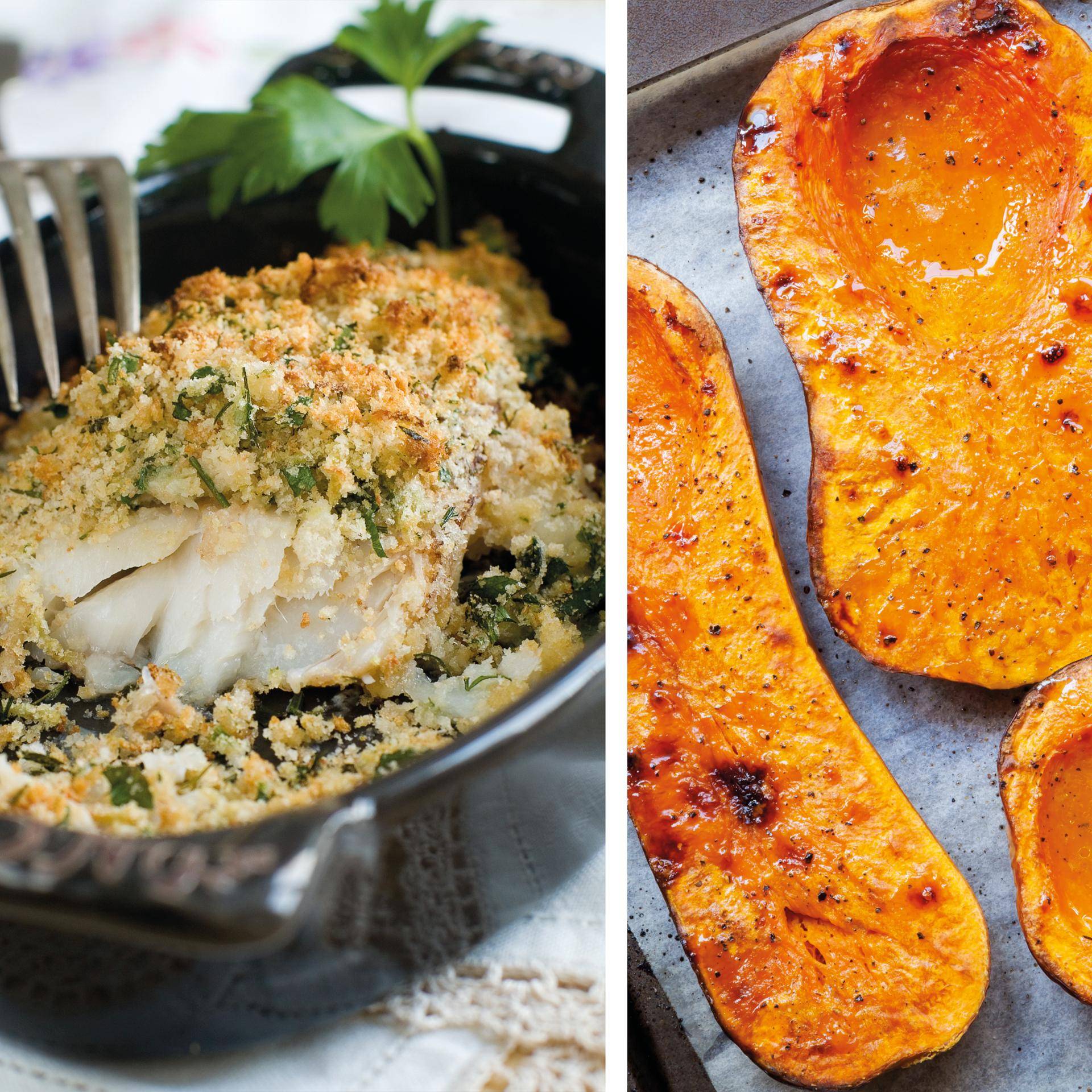 Zeebaars met pistachekorst en geroosterde pompoenhelften - Recepten Dual EasyFry&Grill | Tefal